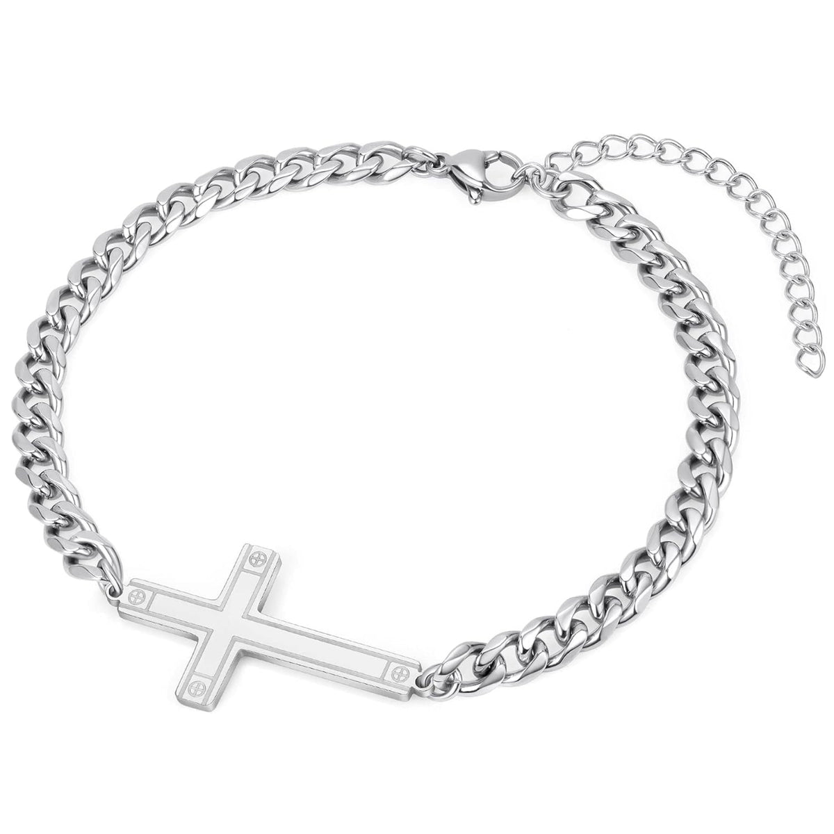✝ Men's Stainless Steel Cross Bracelet 5MM Cuban Figaro Link Christian Faith Jewelry Gift for Him