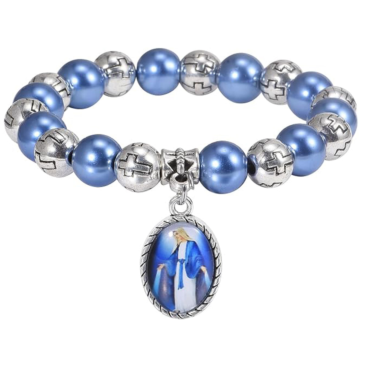Blue Rosary Bracelet with Miraculous Medal Crucifix Catholic Christian Faith Jewelry Gift for Women Prayer