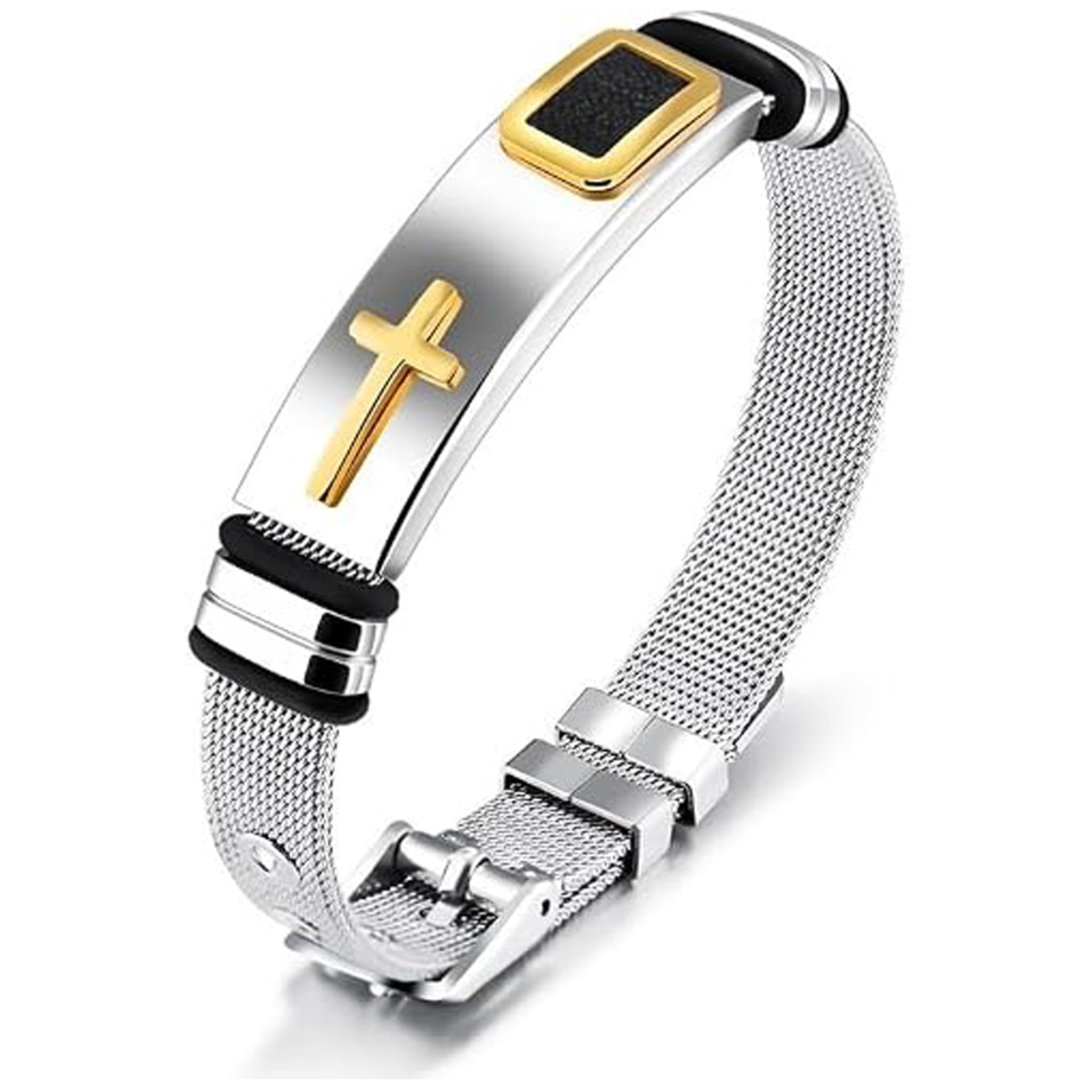 ✝ Men's Holy Cross Bracelet Stainless Steel Black Silver Adjustable Vintage Christian Religious Jewelry Gift